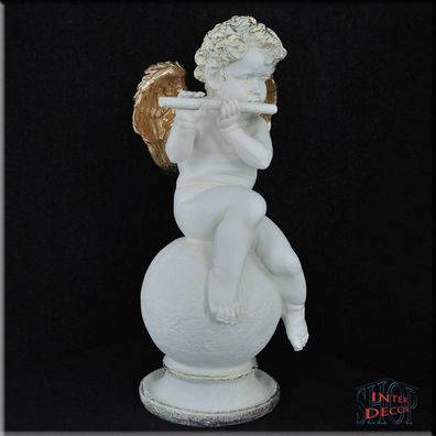 Engel auf Kugel mit Flöte Liebesengel Amor Figur Gartenfigur Skulptur Kunstharz