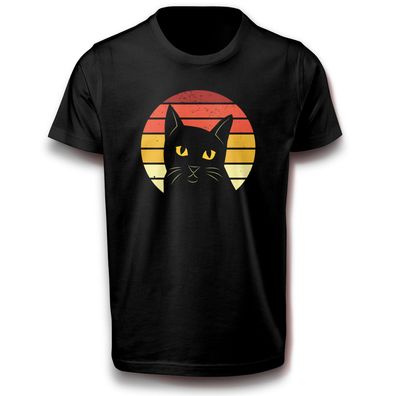 Sonnenuntergang Katze Hauskatze Haustier Retro porträt Kater Cat T-Shirt Baumwolle