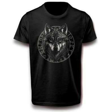 Wolfstier mit Wikinger Rune Wolf Symbol T-Shirt Baumwolle Odin Valhalla Tribal Kampf