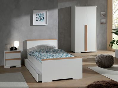 Set London Einzelbett mit Bettschublade Nachtkonsole und Kleiderschrank Buche