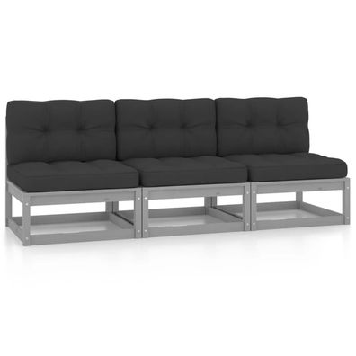 3-Sitzer Gartensofa mit Kissen aus Grauer Kiefer 70 x 67 x 70 cm