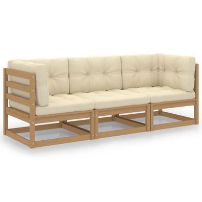 3-Sitzer Gartensofa aus Honigbraunem Kiefernholz mit Kissen