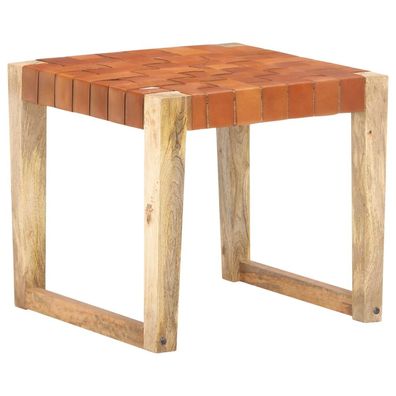 Hocker aus Mangoholz und Echtleder 50 x 45 x 50 cm Hellbraun