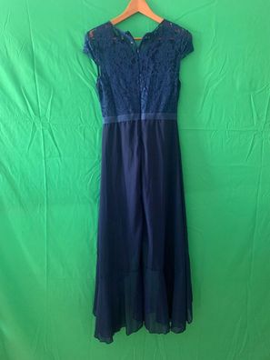 Abiballkleid Abendkleid lang dunkelblau Chiffon und Spitze Größe 38 M