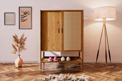 Garderobenschrank Zola Wildeiche massiv mit Rattan 108x150 Schiebetüren 1 Fach