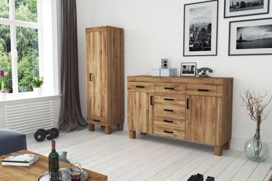 Kommode Ringo aus Wildeiche massiv 158x45x105 mit 2 Türen und 7 Schubladen