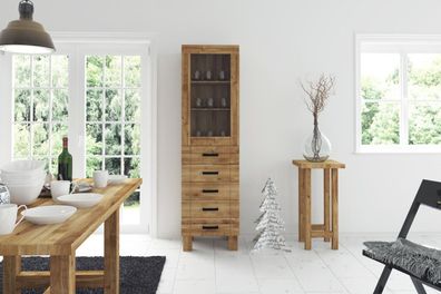 Vitrine Ringo aus Wildeiche massiv 52x45x189 mit 1 Glastür und 5 Schubladen