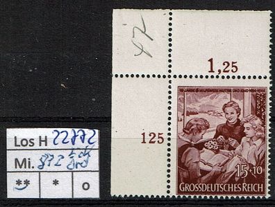 Los H22772: Deutsches Reich Mi. 872 * * Eckrand oben links