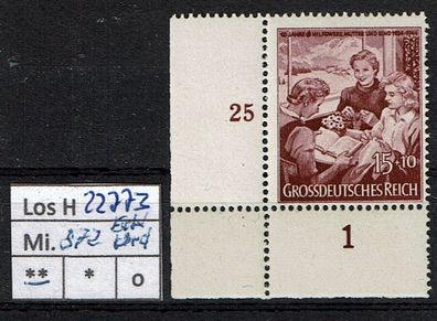 Los H22773: Deutsches Reich Mi. 872 * * Eckrand unten links