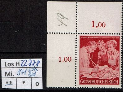 Los H22778: Deutsches Reich Mi. 871 * * Eckrand oben links