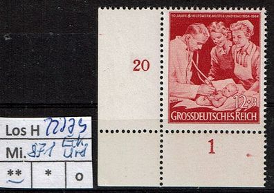 Los H22779: Deutsches Reich Mi. 871 * * Eckrand unten links