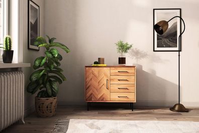 Kommode Seiba Kernbuche massiv 97x45x80 mit 4 Schubladen 1 Tür Fischgrätmuster