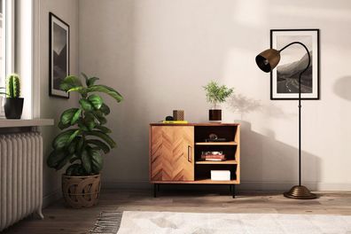 Kommode Seiba Kernbuche massiv 97x45x80 mit 1 Tür 3 Fächer Fischgrätmuster