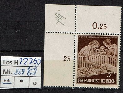 Los H22790: Deutsches Reich Mi. 869 * * Eckrand oben links