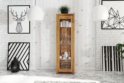 Vitrine Tinci aus Wildeiche massiv 55x45x180 mit 1 Glastür und Holzbeinen