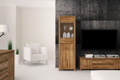 Vitrine Tinci aus Wildeiche massiv 55x45x180 mit 1 Glastür 1 Tür und Holzbeinen