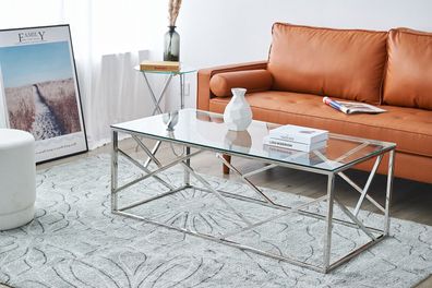 Couchtisch 160 x 60 cm aus Glas mit Designgestell in Silber