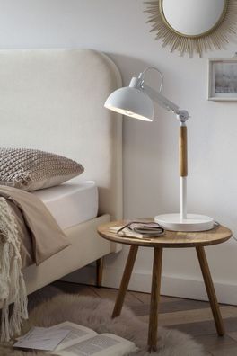 Tischleuchte 18 x 33 x 43 cm Weiß mit Holzelement und verstellbarem Leuchtarm