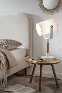 Tischleuchte 16 x 21 x 46 cm Weiß mit Holzelement und schwenkbarem Lampenschirm