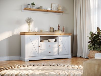 Sideboard Elite Kiefernholz Weiß Natur mit viel Stauraum und Fach 166 x 41 cm