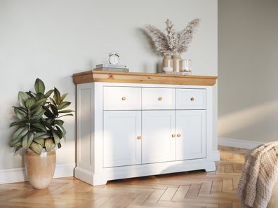 Sideboard Elite Kiefernholz Weiß Natur mit Türen und Schubladen 131,5 x 41 cm