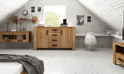 Kommode Lubic aus Wildeiche massiv 155x45x89 mit 2 Türen 4 Schubladen Holzbeinen