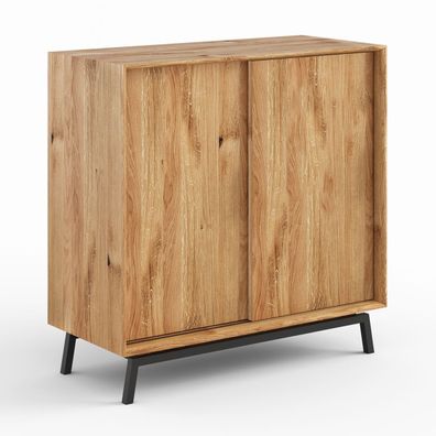 Highboard Loft Eichenholz Natur Schwarz mit Schiebetüren 101 x 45 x 101 cm