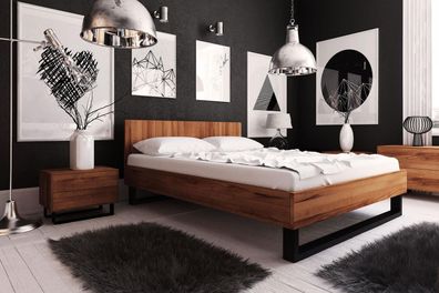 Bett Leeds Sonderlänge 180x220 Kernbuche massiv mit Holzkopfteil und Metallkufen