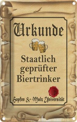 Blechschild 20x30 cm - Bier Urkunde geprüfter Biertrinker
