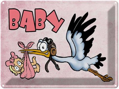 Blechschild 30x40 cm - Baby Storch bringt Kind rosa