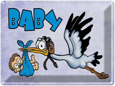 Blechschild 30x40 cm - Baby Storch bringt Kind in blau