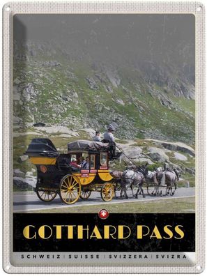 Blechschild 30x40 cm - Gotthard Pass Schweiz Pferdekutsche