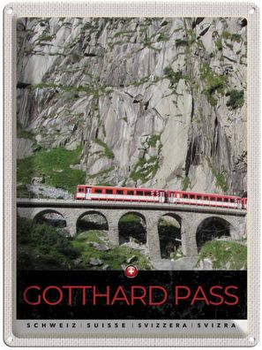 Blechschild 30x40 cm - Gotthard Pass Schweiz rote Lokomotive