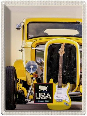 Blechschild 30x40 cm - Amerika Oldtimer gelb Auto Gitarre