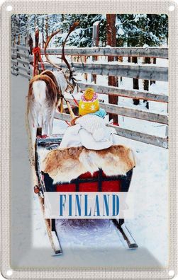 Blechschild 20x30 cm - Finnland Schnee Kind Hirsch Schlitten