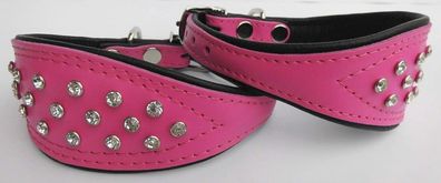 Windhund Halsband, Halsumfang 26-32cm/50mm, Leder + Kristallen PINK