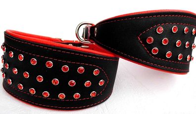 Windhund Halsband, Halsumfang 39 -46cm/70mm, Leder + Kristallen ROT