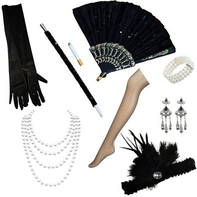 9 teiliges Charleston Set 20er Jahre Accessoires Kopfschmuck Handschuhe Fächer