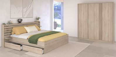 Parisot Schlafzimmer komplett Set mit Stauraumbett 140 cm Kleiderschrank Eiche Escale