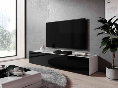 Furnix TV-Kommode Lowboard Zibo 160 cm 3 Ablagen mit Klappe Weiß Schwarz Glanz