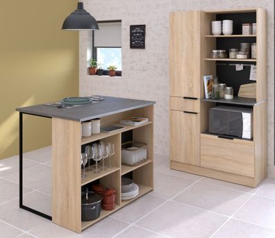 Küchenschrank mit Kücheninsel Buffet Eiche Beton grau Kompakt Küche Set Parisot Fumay