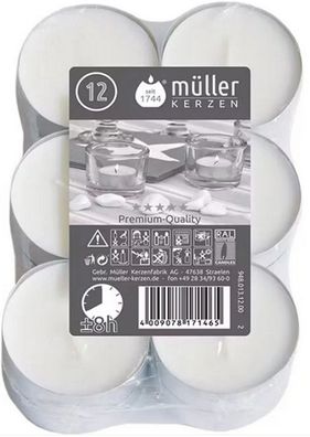 Müller Maxi Teelichter 12er Pack Jumbo weiß + / - 8 Stunden Brenndauer XXL Kerze Alu