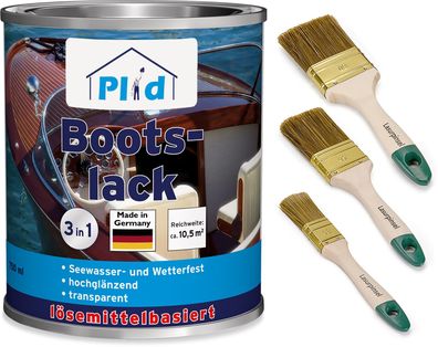 plid® Bootslack Farblos + Pinselset 3-tlg. / Klarlack Holz Schiffslack / Speziallack