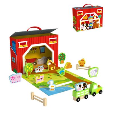 Tooky Toy Holz-Bauernhof Set TY201 tragbar 17-teilig Holzfiguren Scheune Zaun