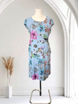 Italy Sommerkleid Leinenkleidm kurzarm knielang Blumenprint Blau Gr. M-XXXL