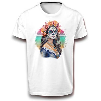 Catrina mit Eleganz Geister Skelett La Calavera T-Shirt Rosen Pflanzen Tag der Seelen