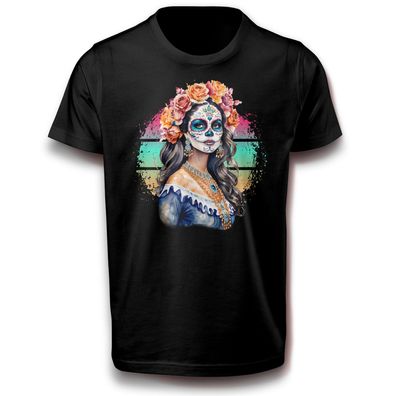 Catrina mit Eleganz Geister Skelett La Calavera T-Shirt Baumwolle Rosen Pflanzen