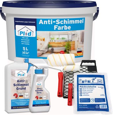 plid® Anti-Schimmelfarbe , Weiß 5L + 500ml Anti Schimmelspray + 1L Anti-Schimmelgrund