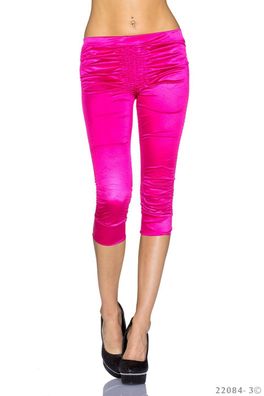 SeXy MiSS Damen Girly Capri Hüft Raff Leggings Satin glanz Strass pink SX S