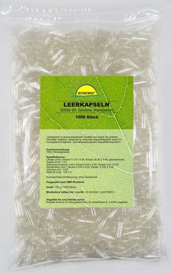 Leerkapseln, 1000 Stück, Größe 00, transparent, Rindergelatine, Pharmaqualität